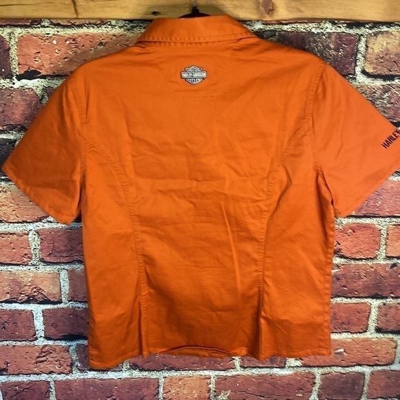 Harley Davidson Orange Women’s Short Sleeve Button Up Shirt with Logos Size M/L - Picture 12 of 15